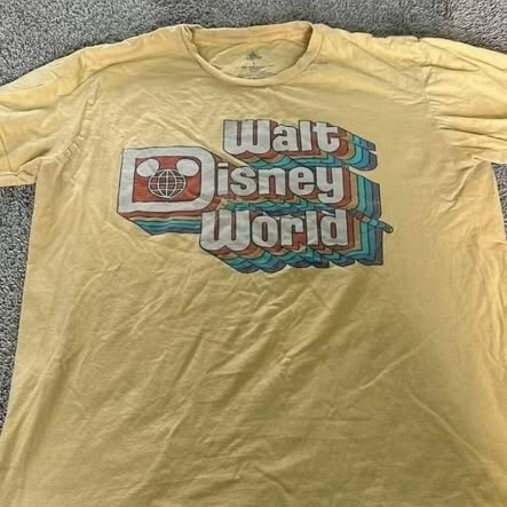 Disney Parks Walt Disney World Retro Rainbow Logo Mickey Yellow Shirt L